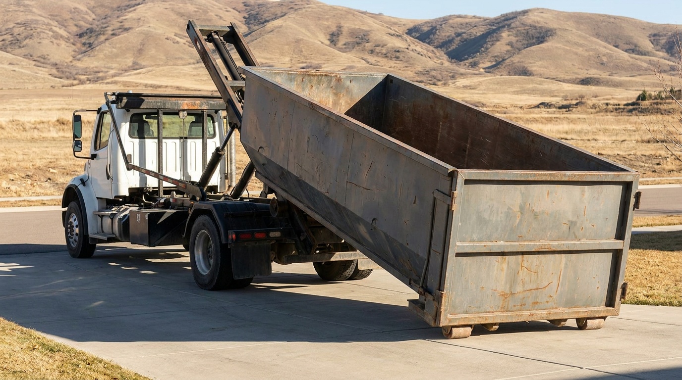 Roll-off truck delivering a dumpster in Fort Collins